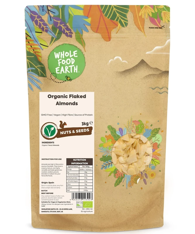 Wholefood Earth Organic Flaked Almonds – 3 kg | GMO Free | Vegan | High Fibre | Source of Protein | Certified Organic