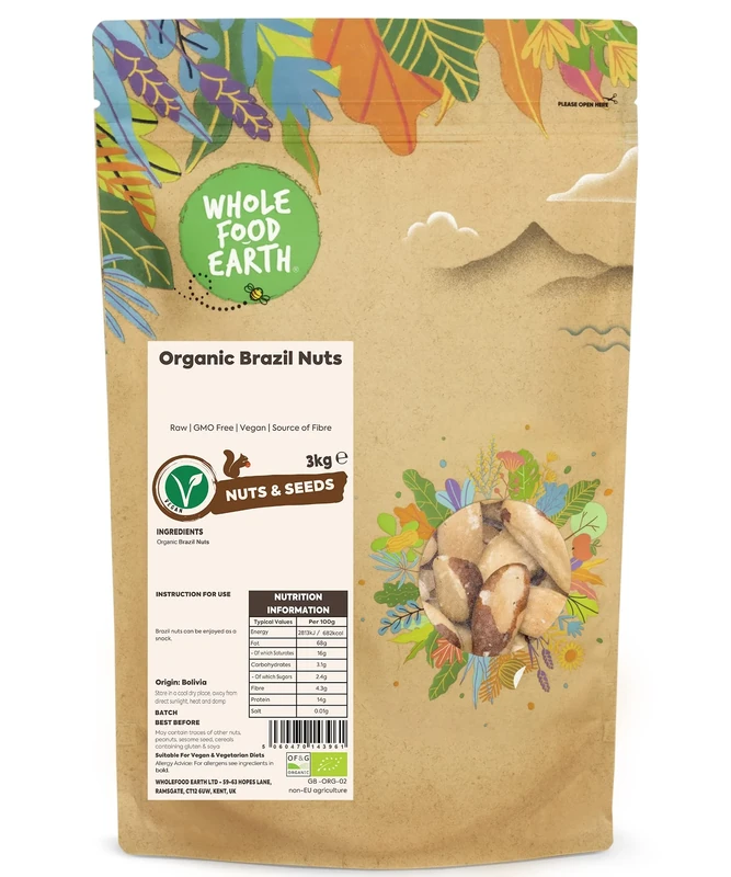 Wholefood Earth Organic Brazil Nuts – 3 kg | Raw | GMO Free | Vegan | Source of Fibre | Certified Organic