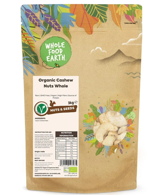 Wholefood Earth Organic Cashew Nuts Whole – 3 kg | Raw | GMO Free | Vegan | High Fibre | Source of Protein | Certified Organic
