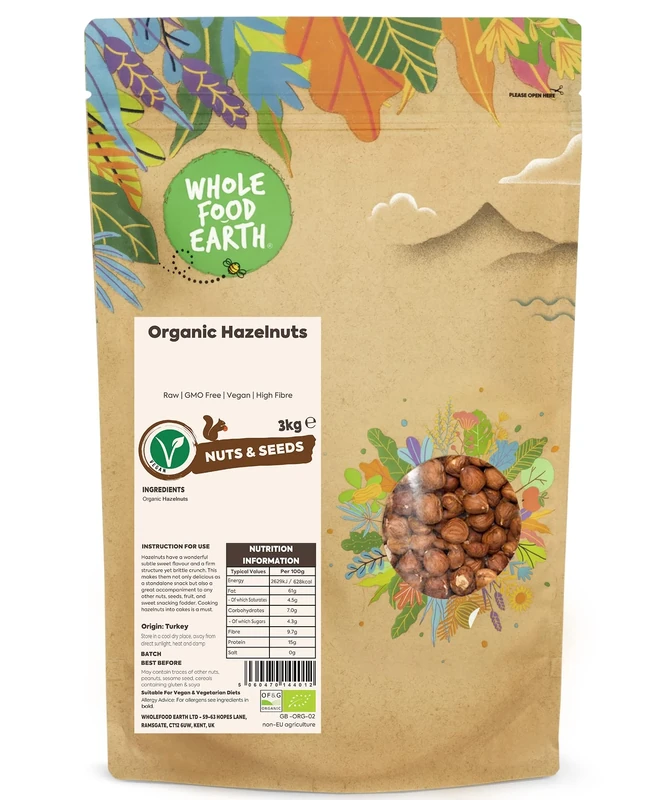 Wholefood Earth Organic Hazelnuts – 3 kg | Raw | GMO Free | Vegan | High Fibre | Certified Organic