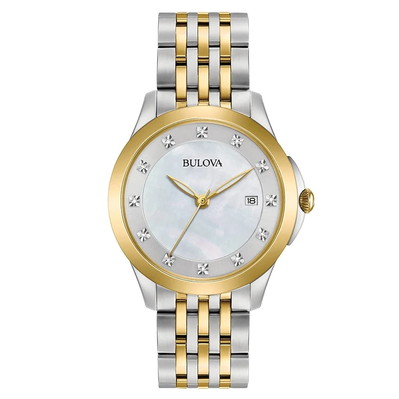 Bulova Women's Diamond Quartz Watch with White Dial Analogue Display and Silver Stainless Steel Bracelet 98S161