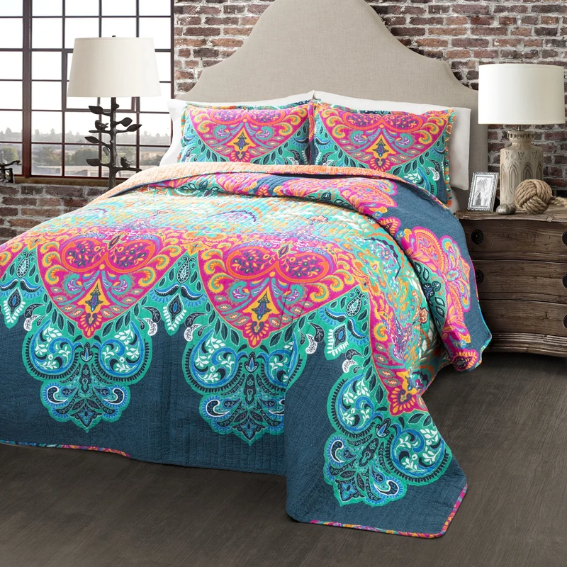 Lush Decor Reversible 3 Piece Quilt Bedding Set, Cotton, Turquoise & Navy, Full/Queen
