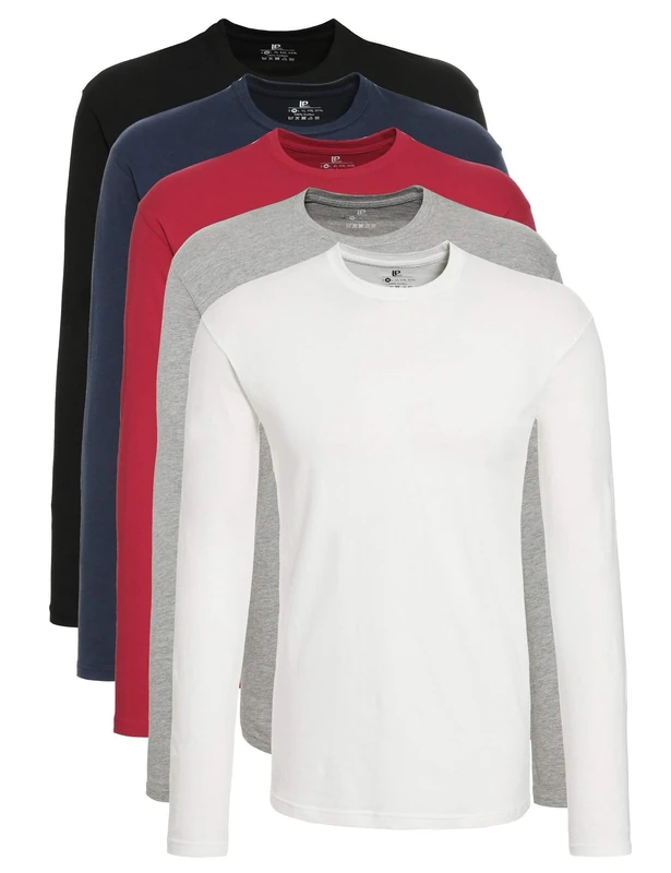 Lower East Men's Multipack of 5: Round Neck Long-sleeved Shirt from 100% Cotton, Black/White/Navy Blue/Grey/Red (Pack of 5), 3XL
