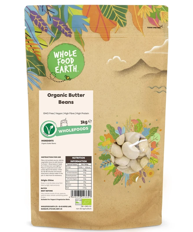 Wholefood Earth Organic Butter Beans 3kg GMO Free | Vegan | High Fibre | High Protein | Certified Organic