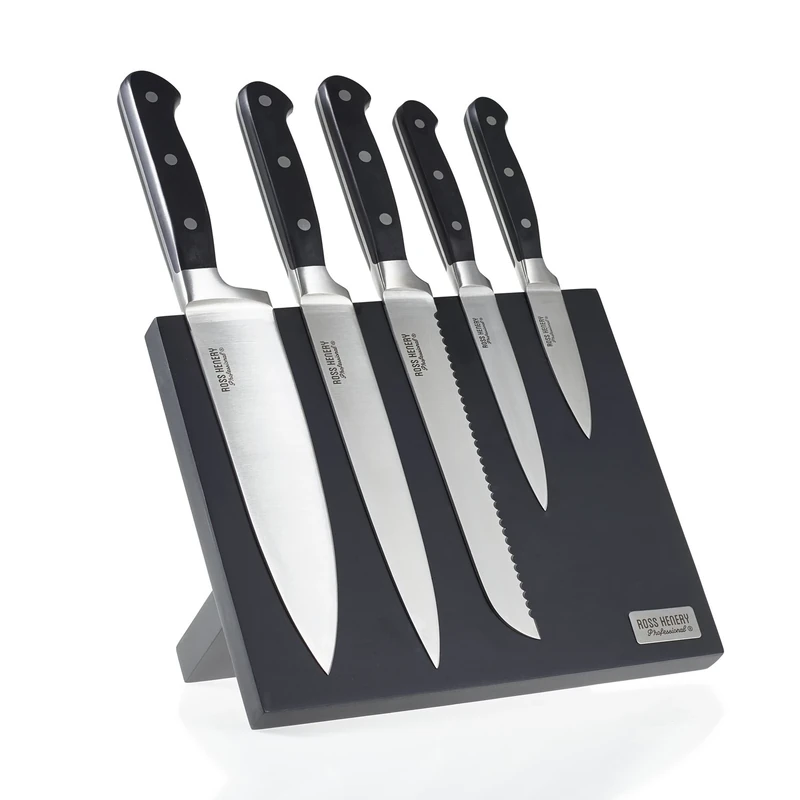 Ross Henery Professional, 5-Piece Premium Stainless Steel Kitchen Knife Set on a Stylish, Black Magnetic Block with 2-Year Warranty.