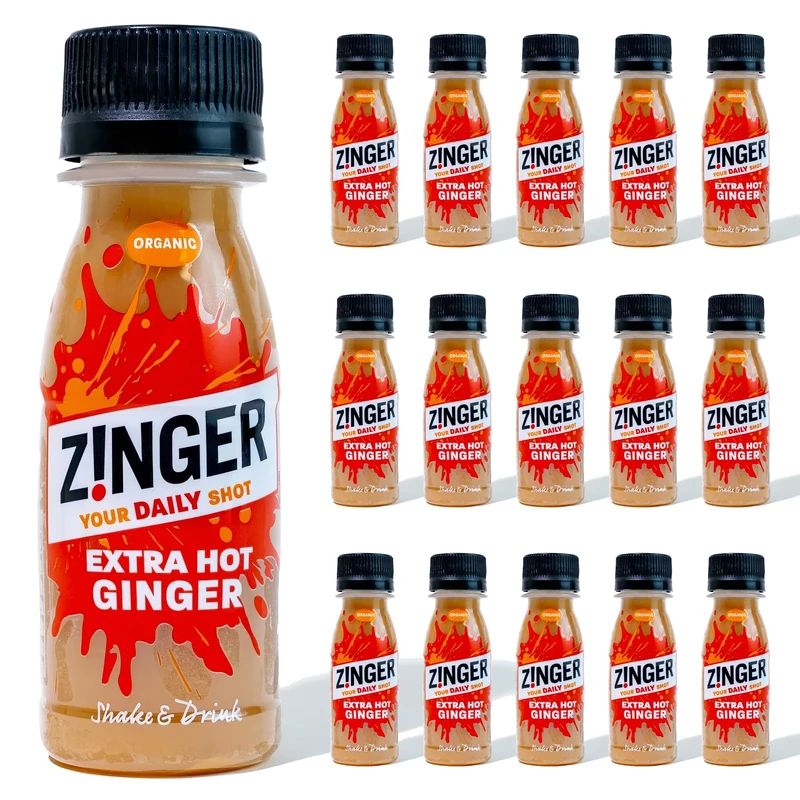 ZINGER Extra Hot Ginger Shots (15x70ml) | Refreshing Fiery Ginger Drink | Organic Ingredients, Vegan and Gluten Free | No Added Sugar