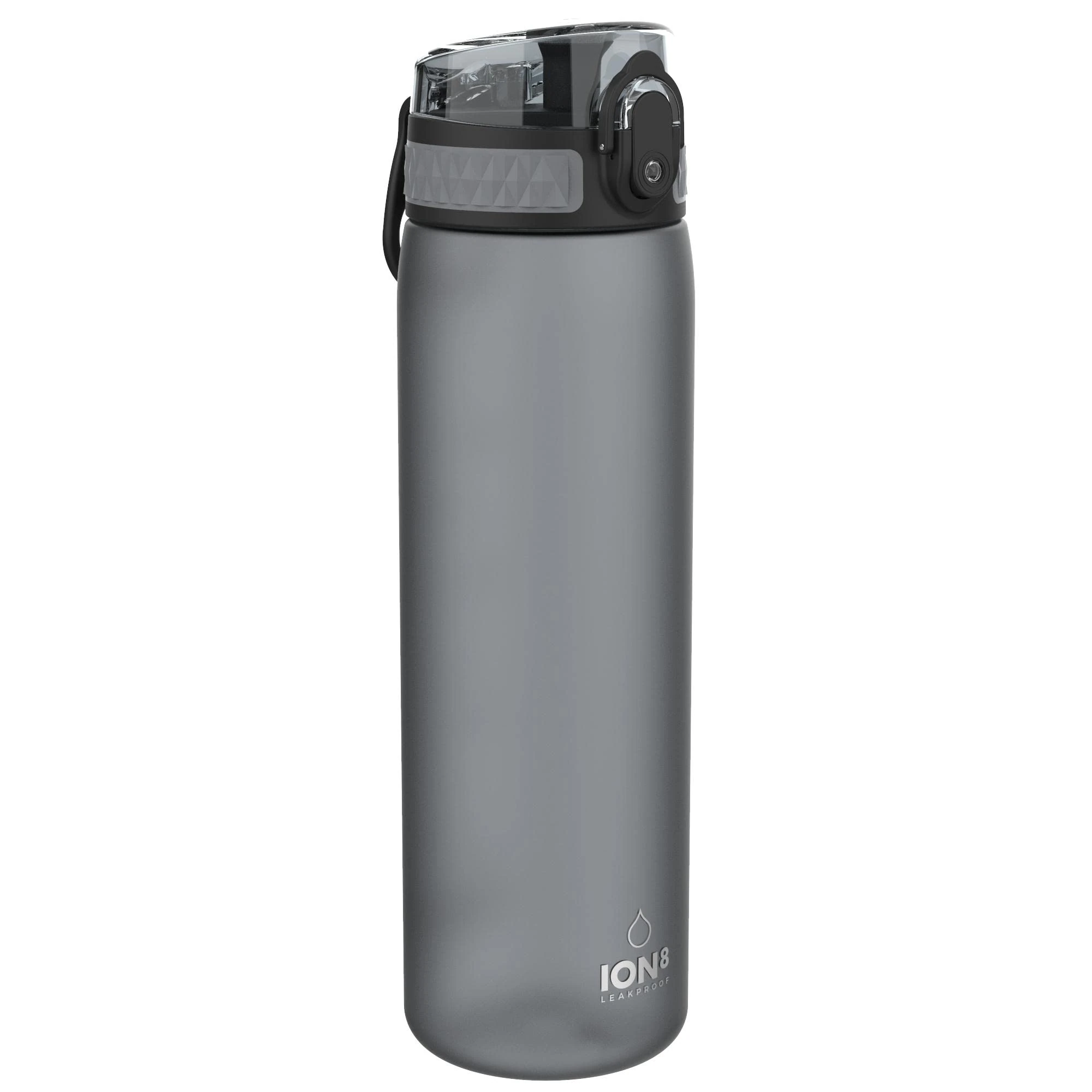 Ion8 Water Bottle, 500 ml/18 oz, Leak Proof, Easy to Open, Secure Lock, Dishwasher Safe, BPA Free, Hygienic Flip Cover, Carry Handle, Fits Cup Holders, Easy Clean, Carbon Neutral, Grey