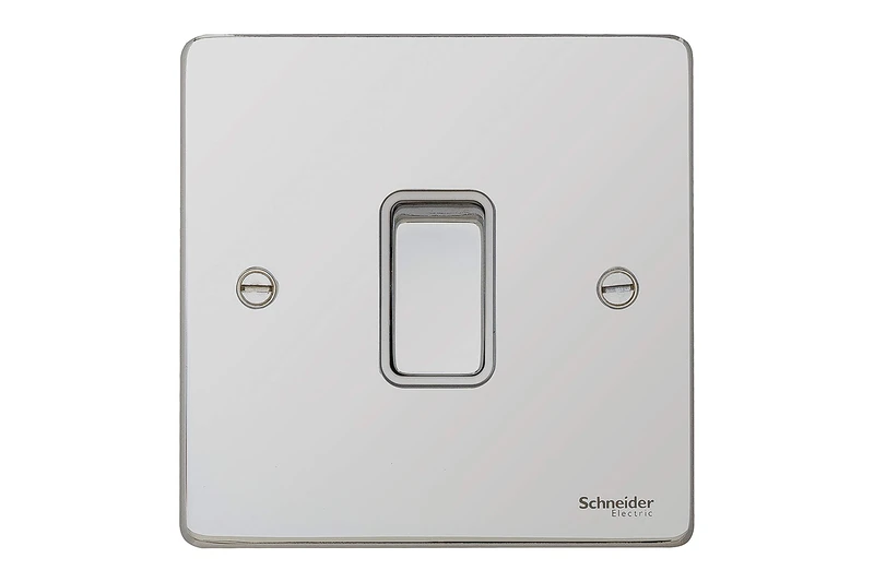 Schneider Electric GU1514WPC Ultimate Low Profile Polished Chrome White Insert 1 Gang Intermediate 16AX Plate Switch