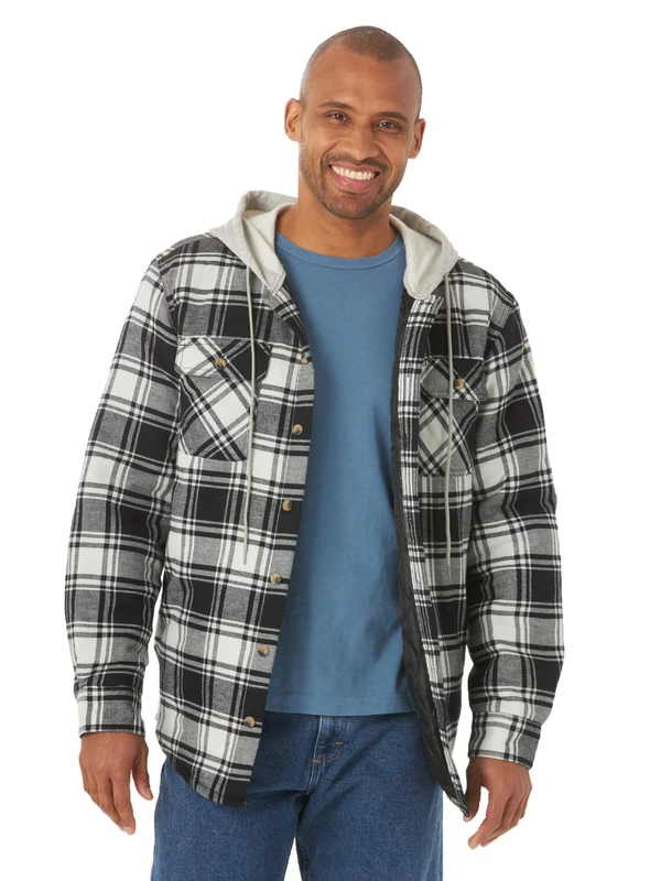 Wrangler Authentics Men's Long Sleeve Quilted Lined Flannel Shirt Jacket with Hood Button, Black Off-White, XL