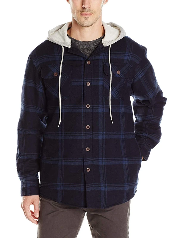Wrangler Authentics Men's Long Sleeve Quilted Lined Flannel Shirt Jacket with Hood Button, Navy, M