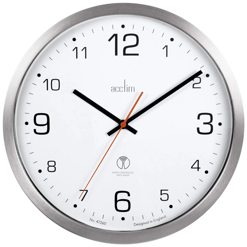 Acctim Atomik Wall Clock Non-Ticking Sweep Radio Controlled Brushed Metal Case Titanium 30cm