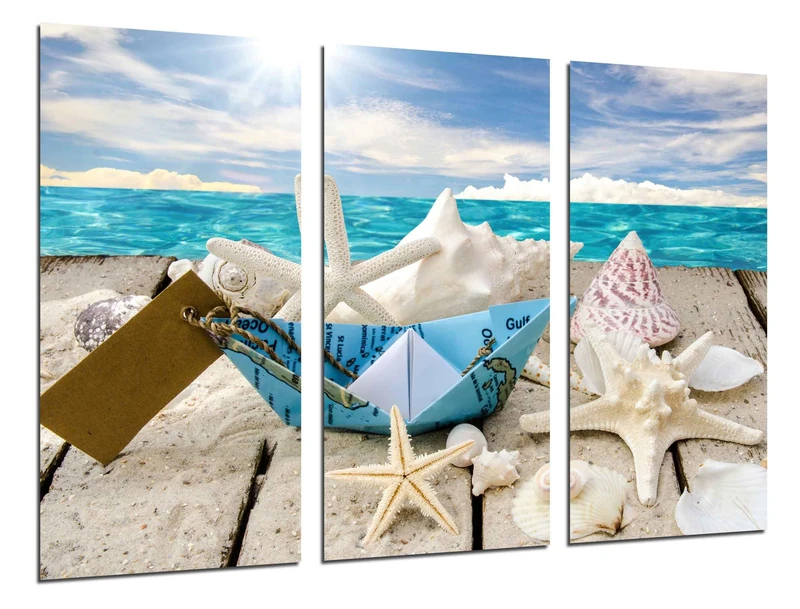 MULTI Wood Printings Art Print Box Framed Picture Wall Hanging - Landscape Sea Vintage, Shells, Conch shells, Beach, Sand, (Total Size: 38,2" x 24,4"), - Framed And Ready To Hang - ref. 26482 - Image 1
