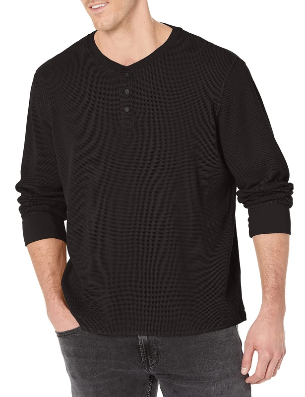Wrangler Authentics Men's Long Sleeve Waffle Henley Shirt, Caviar, XL