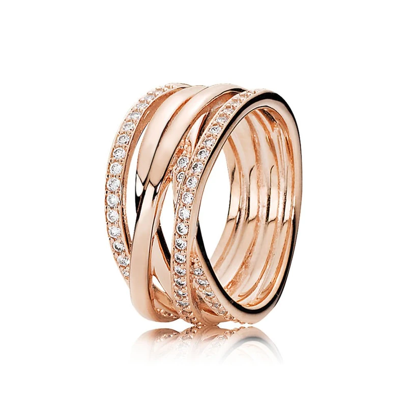 Pandora Timeless 14k Rose gold-plated Sparkling & Polished Lines ring with clear cubic zirconia, 60