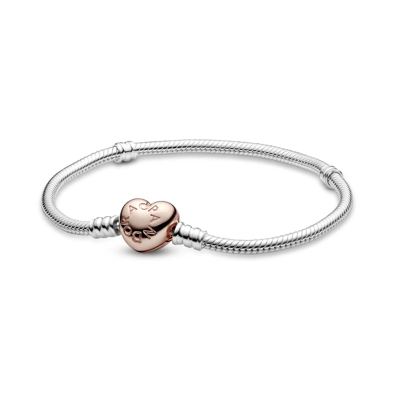 PANDORA Moments Women's 14k Rose Gold-Plated and Sterling Silver Heart Clasp Snake Chain Bracelet for Charms, Size 19, No Box