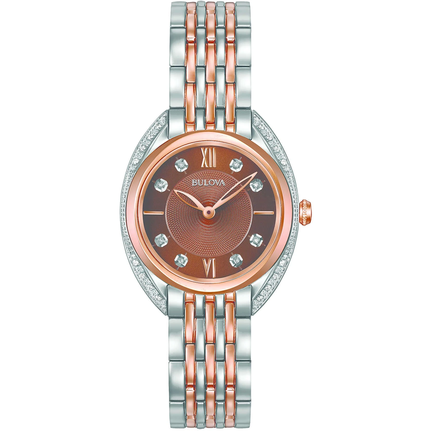 Bulova Ladies Curv Diamond Women's Quartz Watch with Brown Dial Analogue Display and Multicolour Stainless Steel Bracelet 98R230