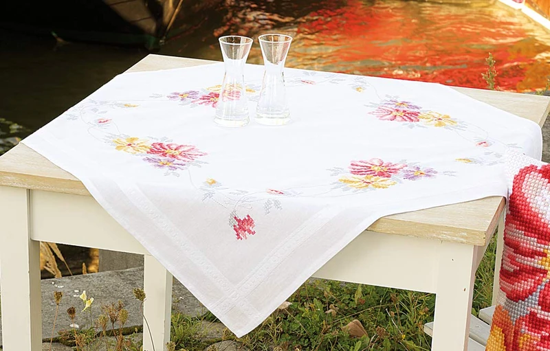 Vervaco Counted Cross Stitch: Tablecloth: Colourful Flowers, COTTON, NA, 80 x 80cm