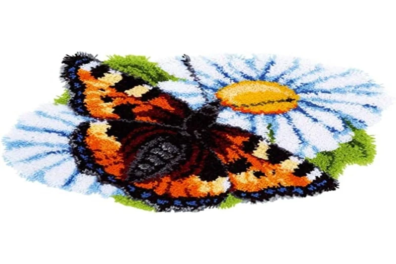 Vervaco Latch Hook Kit: Shaped Rug: Butterfly on Daisy, COTTON NA, 69 x 46cm