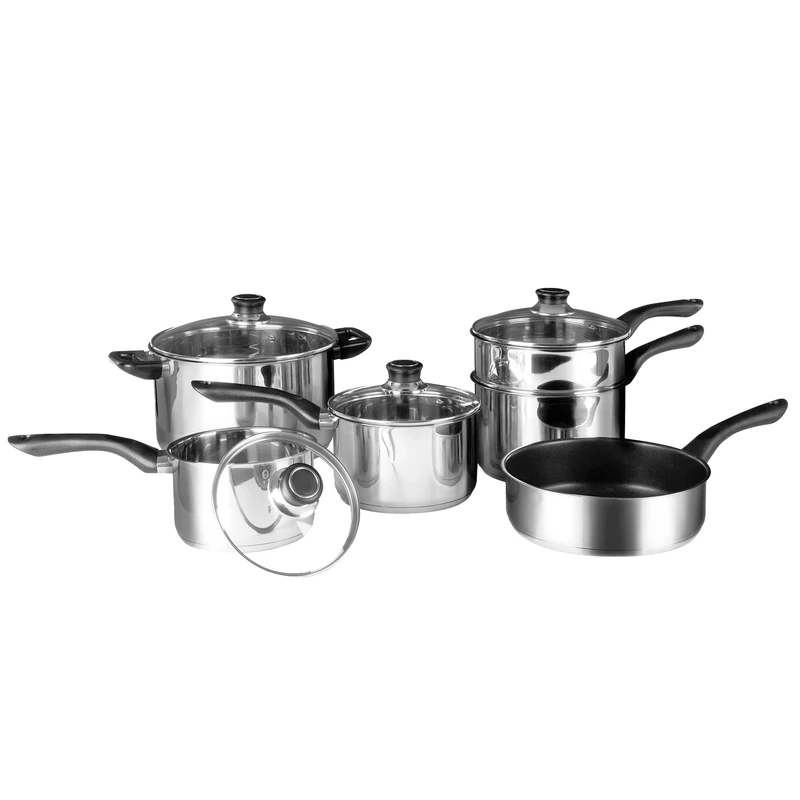 Premier Housewares Pan Set, Pots and Pans Set, Saucepan Set, Non-Stick Frying Pan, 6 Piece, Stainless Steel Cookware Set, Silver, 28 x 52 x 23 cm, (0408200)