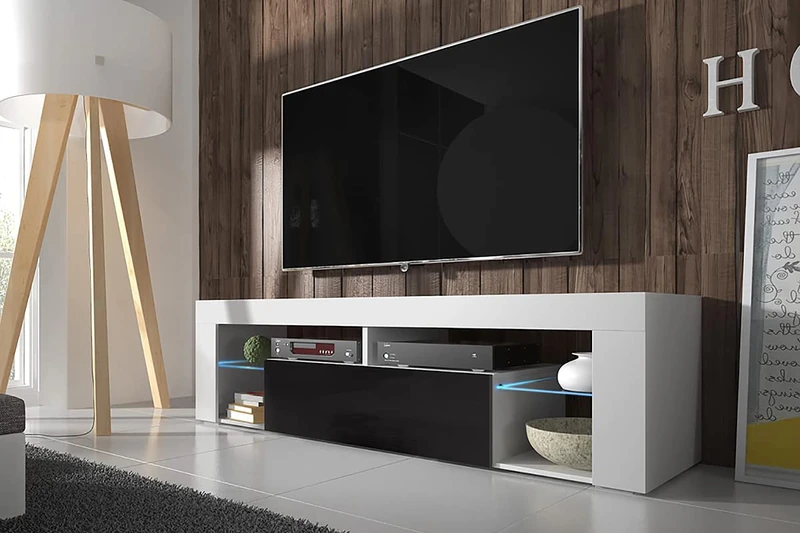 Hestia TV Floor Unit/TV Cabinet Matte White/High Gloss Black with LED Lighting Option 140 cm - Image 1