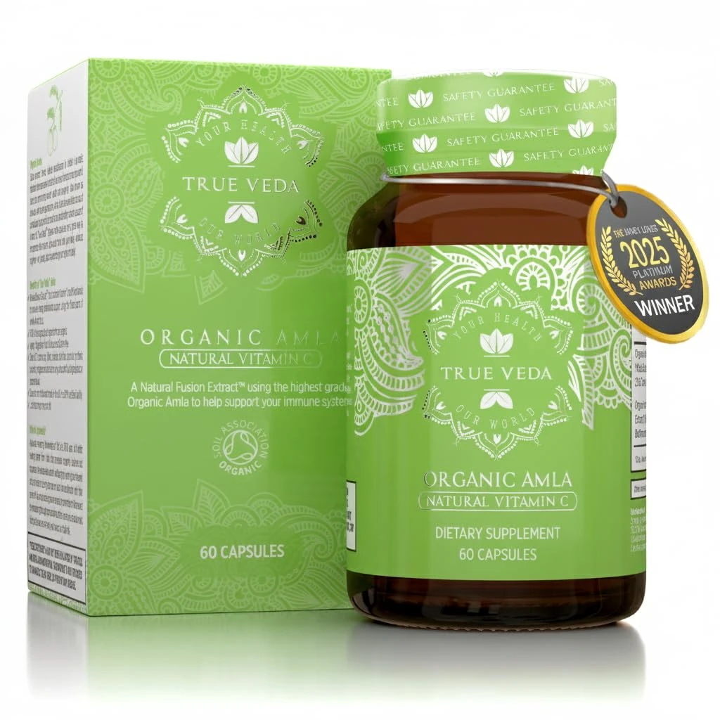 Organic Amla Vitamin C Capsules - Certified Organic by Soil Association | Potent Natural Sourced Vitamin C | Ayurveda | Vegetarian & Vegan Friendly | 60 Easy Swallow Amalaki Tablets | Made in The UK