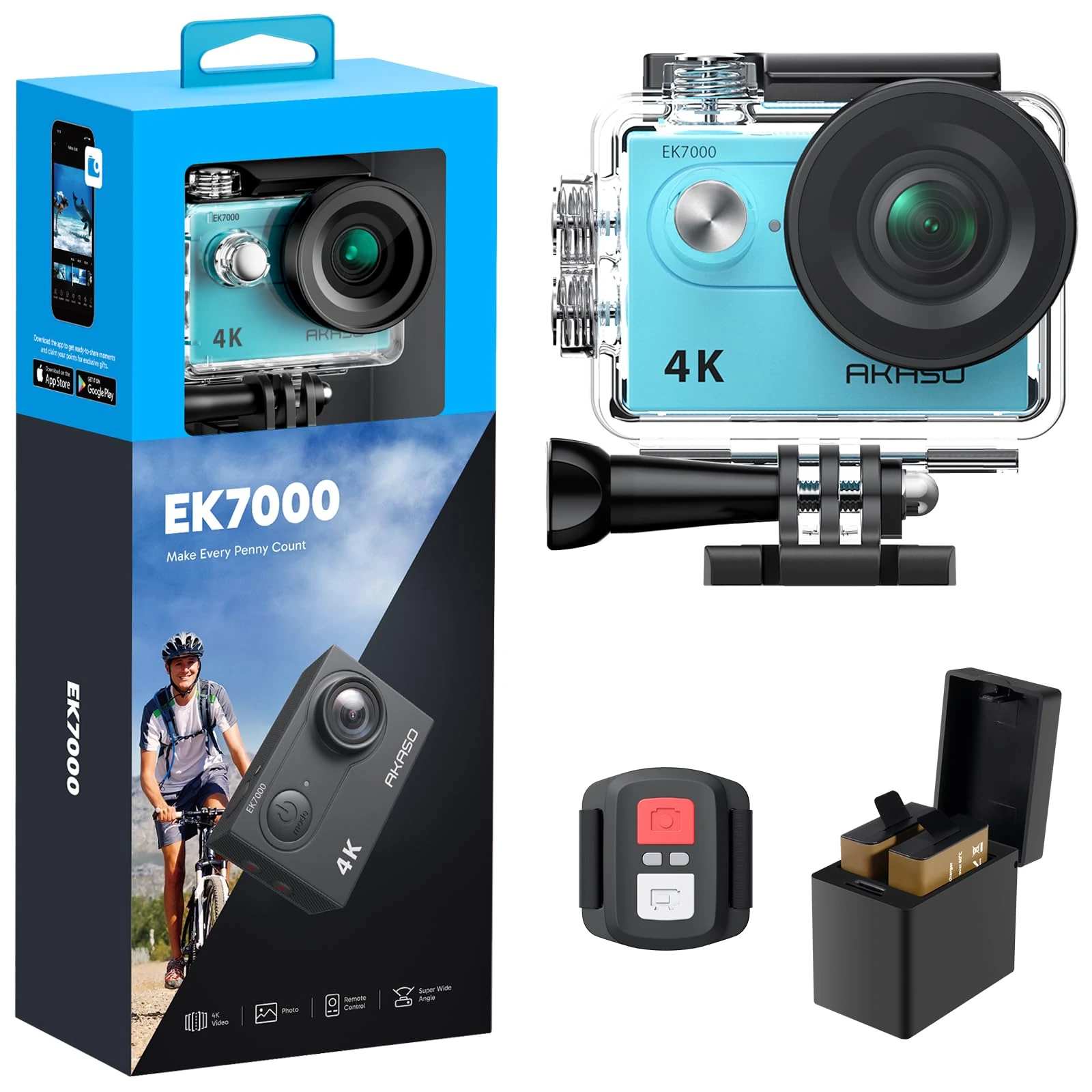 AKASO EK7000 4K30FPS Action Camera - 20MP Ultra HD Underwater Camera 170 Degree Wide Angle Waterproof Camera with Accessory Kit - Blue