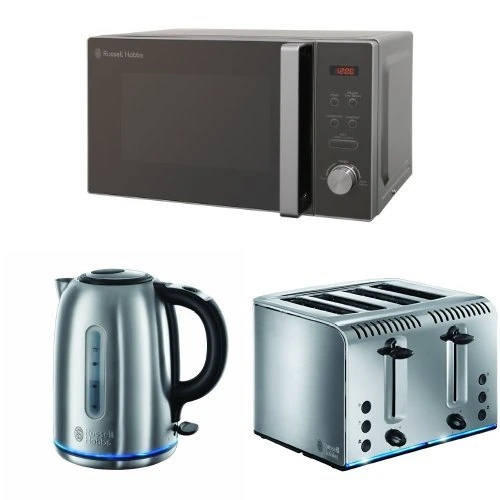 Russell Hobbs 20 L Silver Digital Microwave with Buckingham Quiet Boil Kettle, 1.7 L, 3000 W and Buckingham 4 Slice Toaster - Brushed Stainless Steel Silver