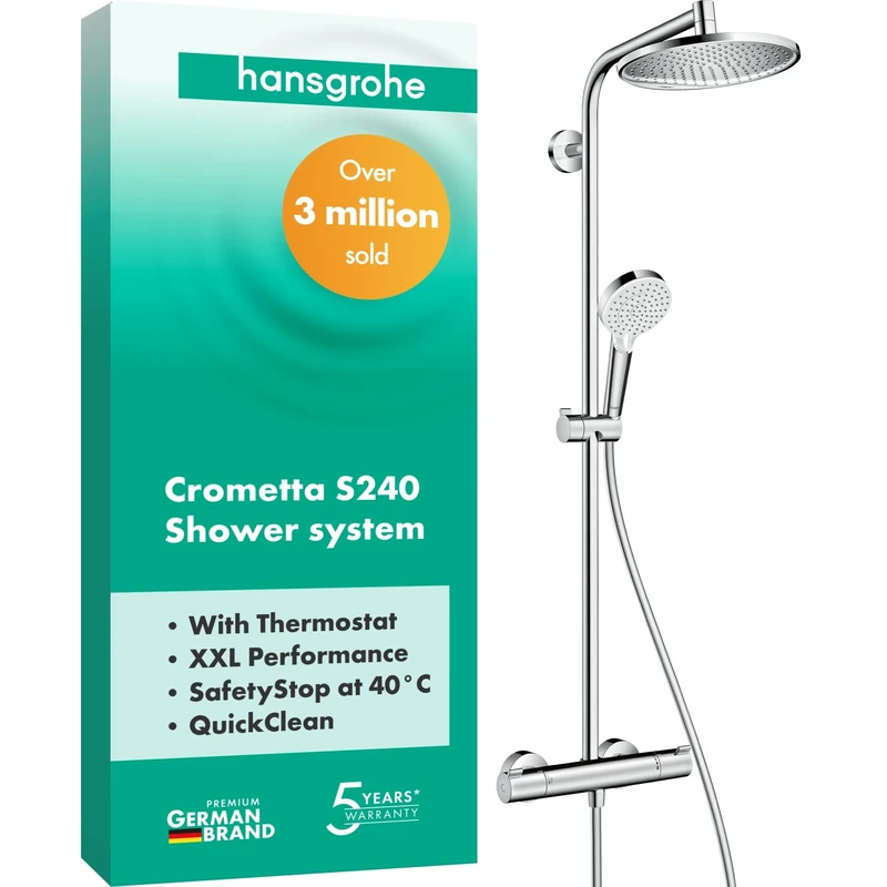 Hansgrohe Crometta S Shower System With Thermostat, Rainfall Head (⌀ 240 mm), Hand Shower (2 Sprays), Hose, Rail and Round Head (1 Spray), Chrome