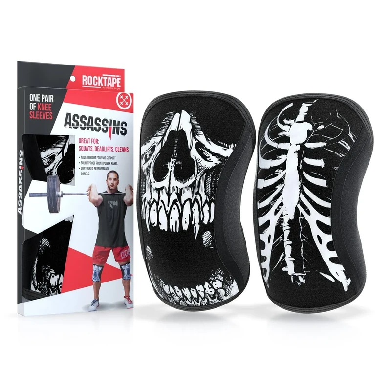 Rocktape Knee Sleeves, 2-Pack, Competition Grade, 7mm Thickness, Compression Neoprene, Extra Long for VMO Support, Assassins, Skull, S