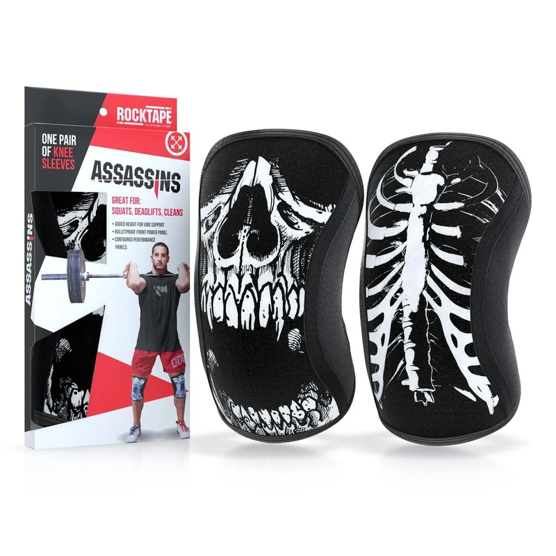 Rocktape Knee Sleeves, 2-Pack, Competition Grade, 7mm Thickness, Compression Neoprene, Extra Long for VMO Support, Assassins, Skull, L