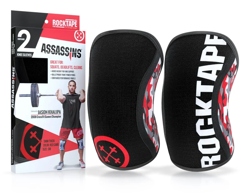 Rocktape Knee Sleeves, 2-Pack, Competition Grade, 5mm Thickness, Compression Neoprene, Extra Long for VMO Support, Assassins, Red, M