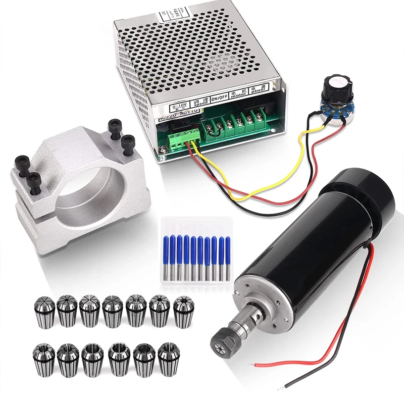 CNC Spindle 500W Air Cooled 0.5kw Milling Motor and Spindle Speed Power Converter and 52mm Clamp and 13pcs ER11 Collet for DIY Engraving