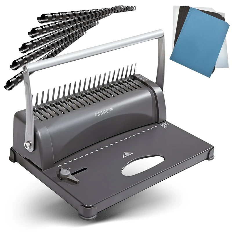 Genie CB 850 Spiral-Binding Device (up to 350 Sheets DIN A4, incl 75 Piece Starter Pack – Silver/Black