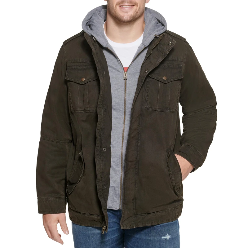 Levi's Men's Washed Cotton Hooded Military Jacket Lightweight, Dark Brown/Sherpa Lined, XXL