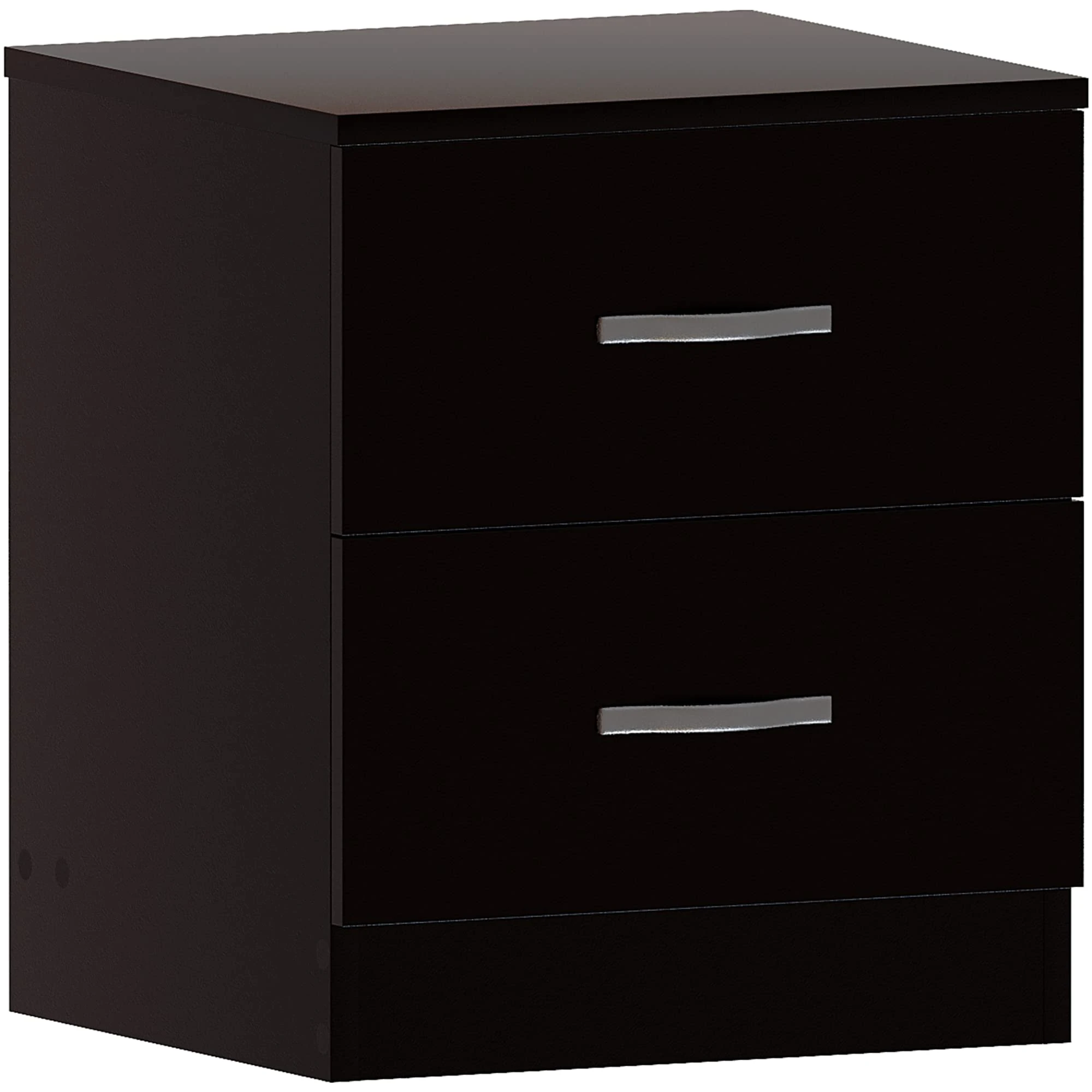 Vida Designs Large Black Bedside Cabinet, 2 Drawer With Metal Handles and Runners, Unique Anti-Bowing Drawer Support, Riano Bedroom Furniture