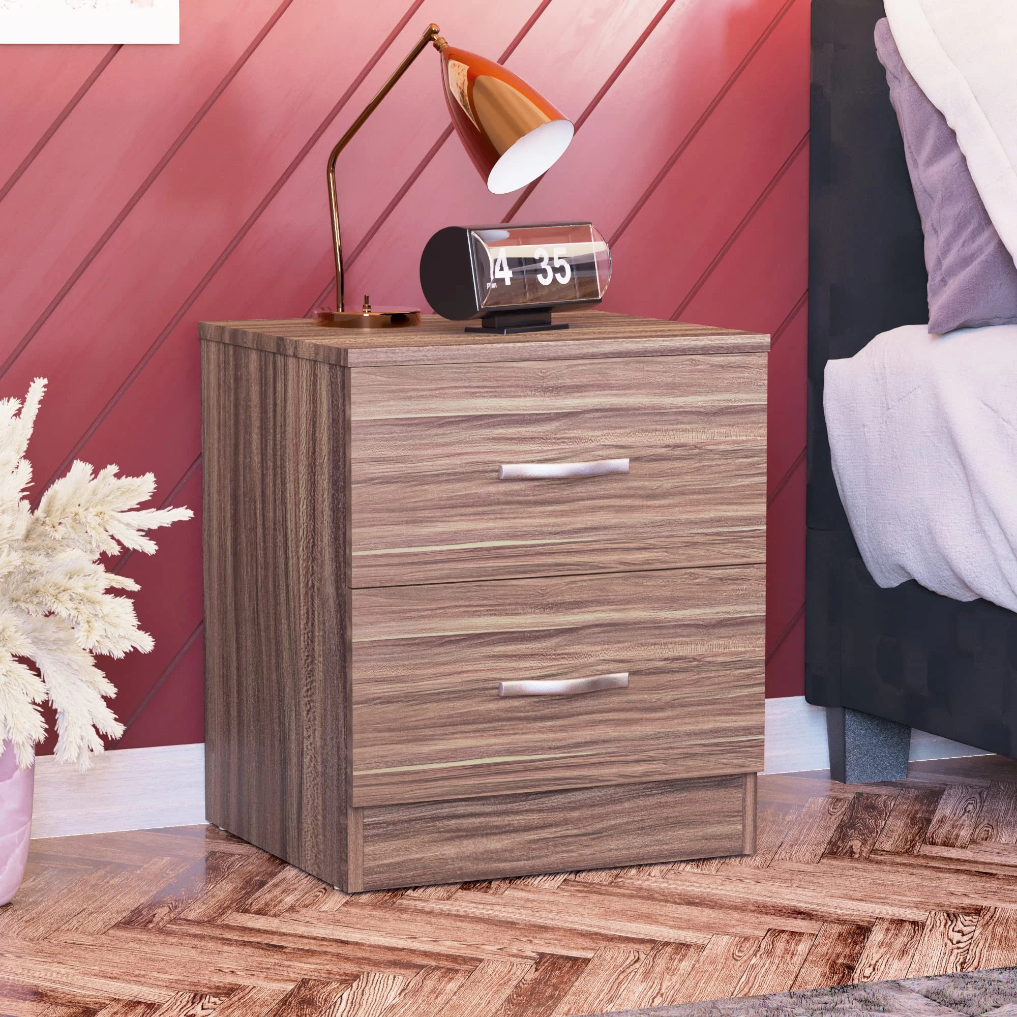 Vida Designs Walnut Bedside Cabinet, 2 Drawer with Metal Handles & Runners, Unique Anti-Bowing Drawer Support, Riano Bedroom Furniture