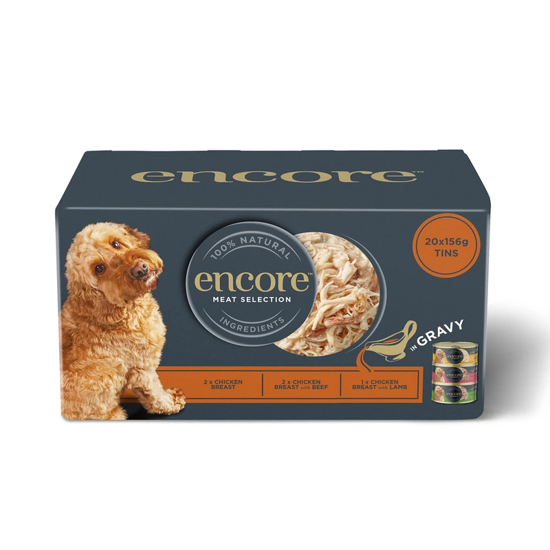 Encore 100% Natural Wet Dog Food, Multipack Meat Selection in Gravy 156 g Tin, Pack of 20