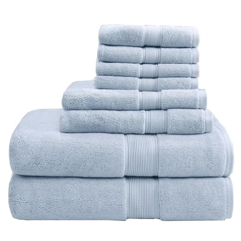 Madison Park Signature 800GSM 100% Cotton Luxury Turkish Bathroom Towel Set, Oversized Linen Cotton Bath Towel Set, 8-Piece Include 2 Bath Towels, 2 Hand Towels & 4 Wash Towels, Light Blue