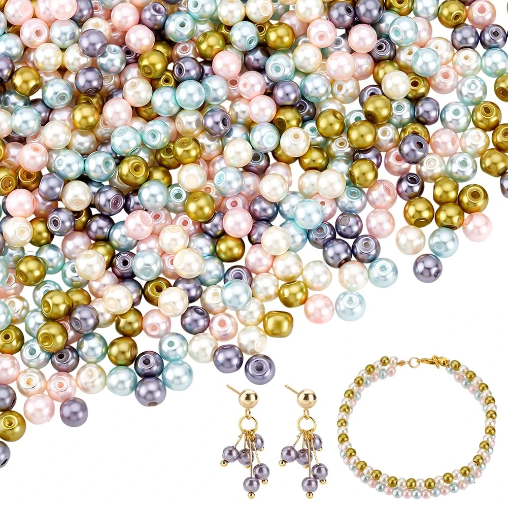 PH PandaHall 400pcs 4mm Glass Pearl Beads, Round Loose Spacer Beads Pearlized Luster Bead for Bracelets, Earring and Necklace Making, Mixed Color, Hole 1mm