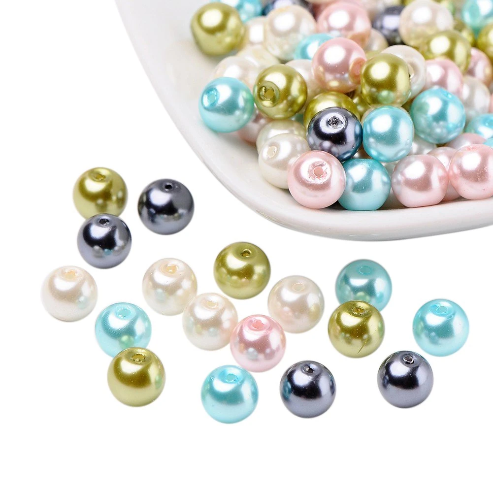 PH PandaHall 100pcs 8mm Glass Pearl Beads, 5 Colors Sew on Pearls Round Pearlized Loose Pearl Beads Imitation Pearls for Vases Bracelet Earring Necklace Jewellery Making Wedding DIY Craft