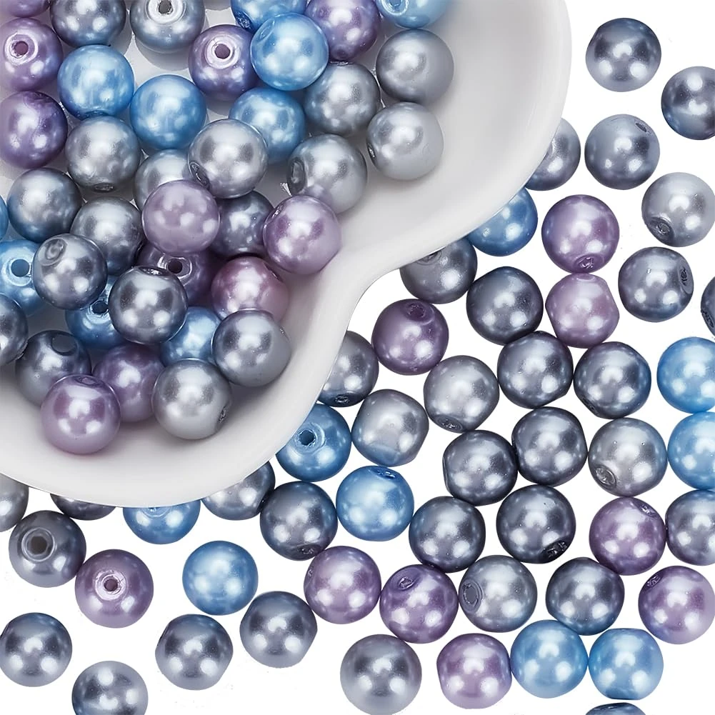 PH PandaHall 100pcs 8mm Glass Pearl Beads, Sew on Pearls Round Pearlized Loose Pearl Beads Imitation Pearls for Vases Bracelet Earring Necklace Jewellery Making Wedding DIY Craft, Silver-Grey