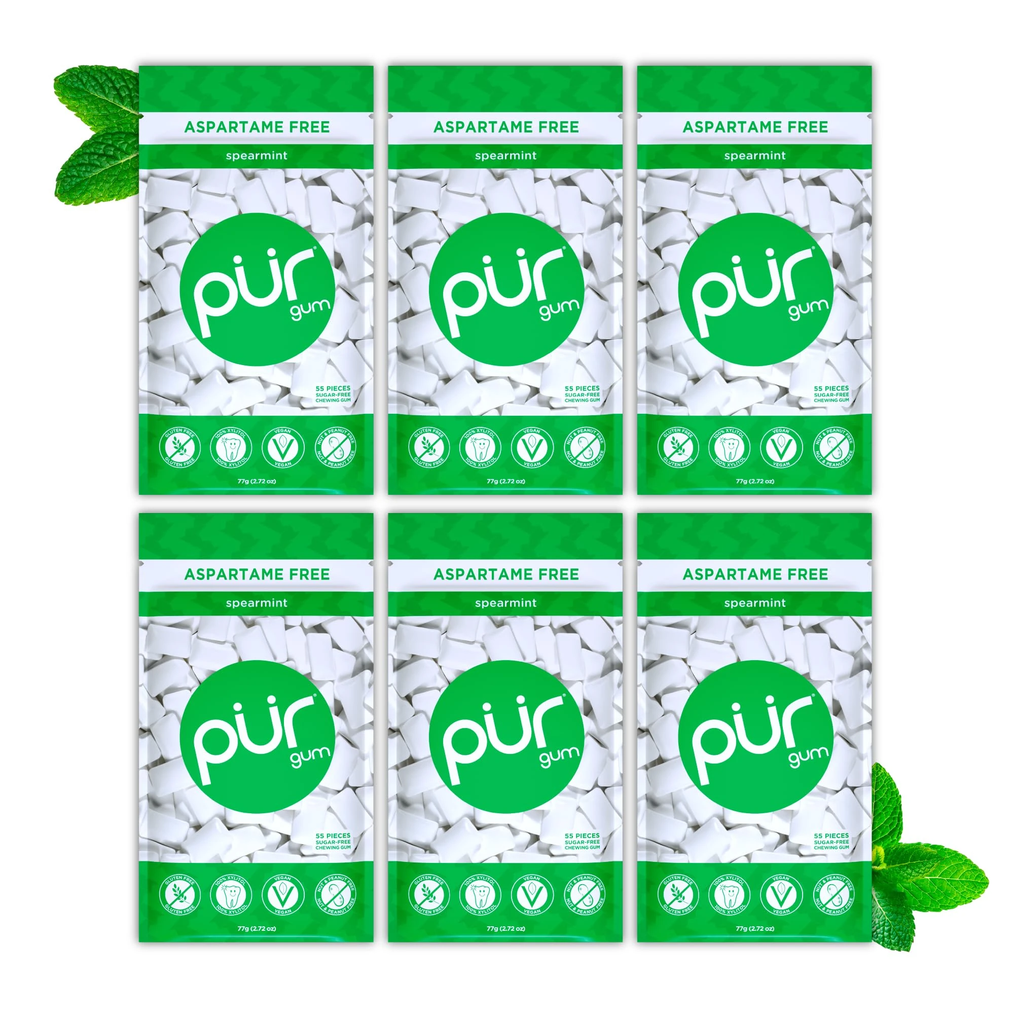 PUR Gum | Sugar Free Chewing Gum | Made with Xylitol | Vegan, Aspartame Free, Gluten Free and Keto Friendly | Natural Spearmint Flavoured Gum, 55 Pieces (Pack of 6)