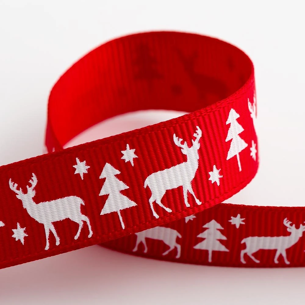 Italian Options Christmas Grosgrain Ribbon - Red - Stag Tree - 16mm x 5m