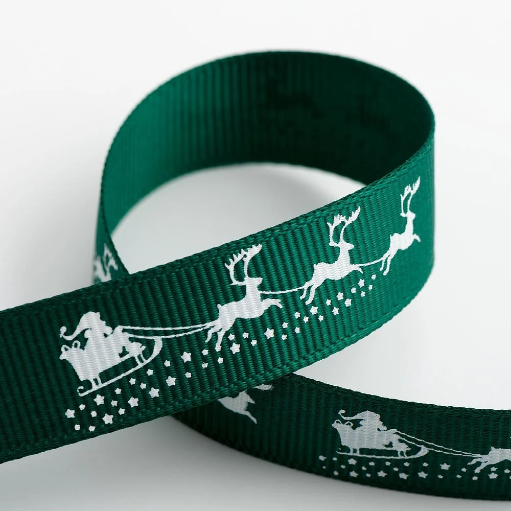 Christmas Grosgrain Ribbon - Green & White - Santa Sledge Sleigh Reindeer - 16mm x 5m