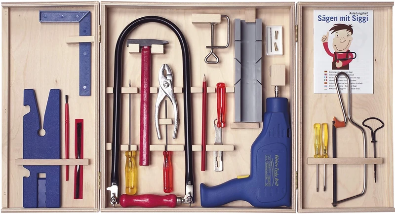 Pebaro 408PL Quality Fretsaw Cabinet, 28 Pieces, Complete Set in Wooden Cabinet, Steel Tools, Fretsaw Bend, Made in Germany, Drill, Crafts with Wood, Fretsaws, Gift Idea for Children