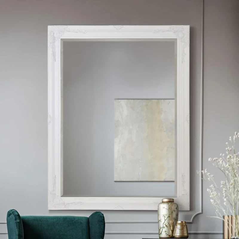 Large Antique Shabby Chic Ornate Styled White Mirror 4Ft7 X 3Ft7, 140cm X 109cm, 61x51