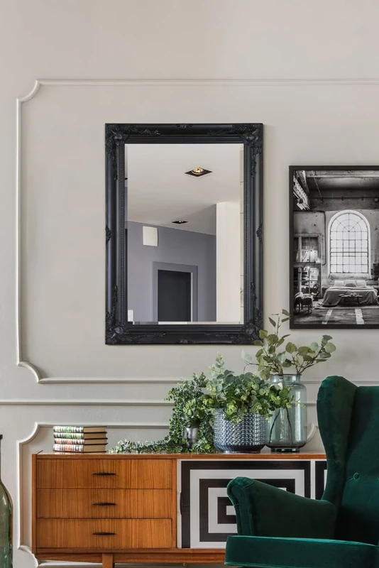 Large Antique Style Rectangle Wall Mounted Black Wood Mirror 3Ft8x2Ft8 110x79cm, 108 x 78