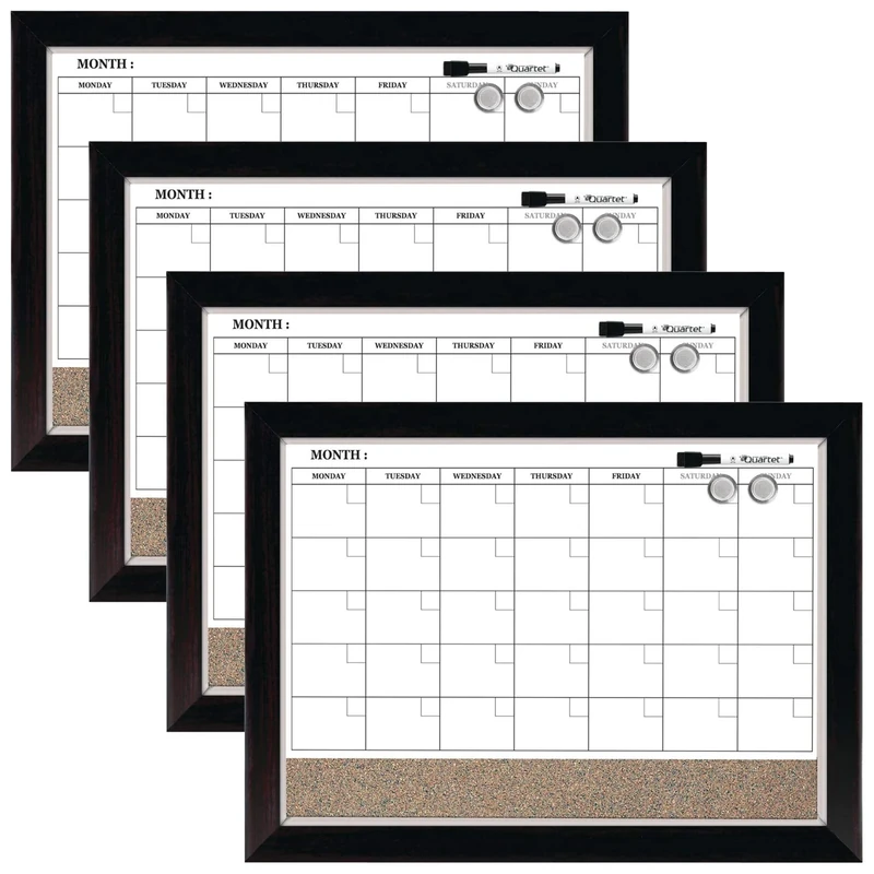 Quartet Whiteboard Calendar & Corkboard, Magnetic, White Board & Cork Bulletin Board Combo, 17" x 23", Wood Finish Frame, Case of 4 (22476)