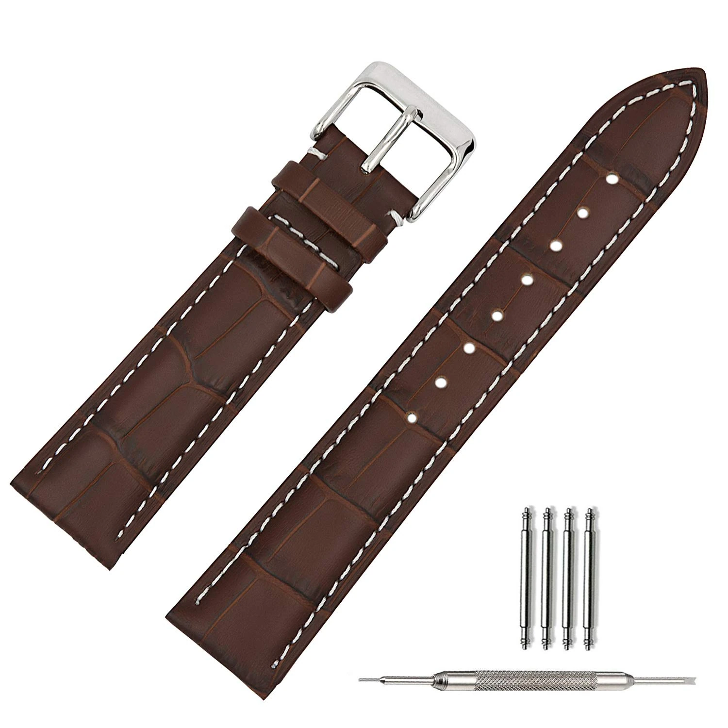 TStrap Leather Watch Straps 20mm - Soft Brown Alligator Embossed Watch Bands Replacement - Military Watch Straps for Men Women - Smart Watch Bracelet Belt Clasp Buckle