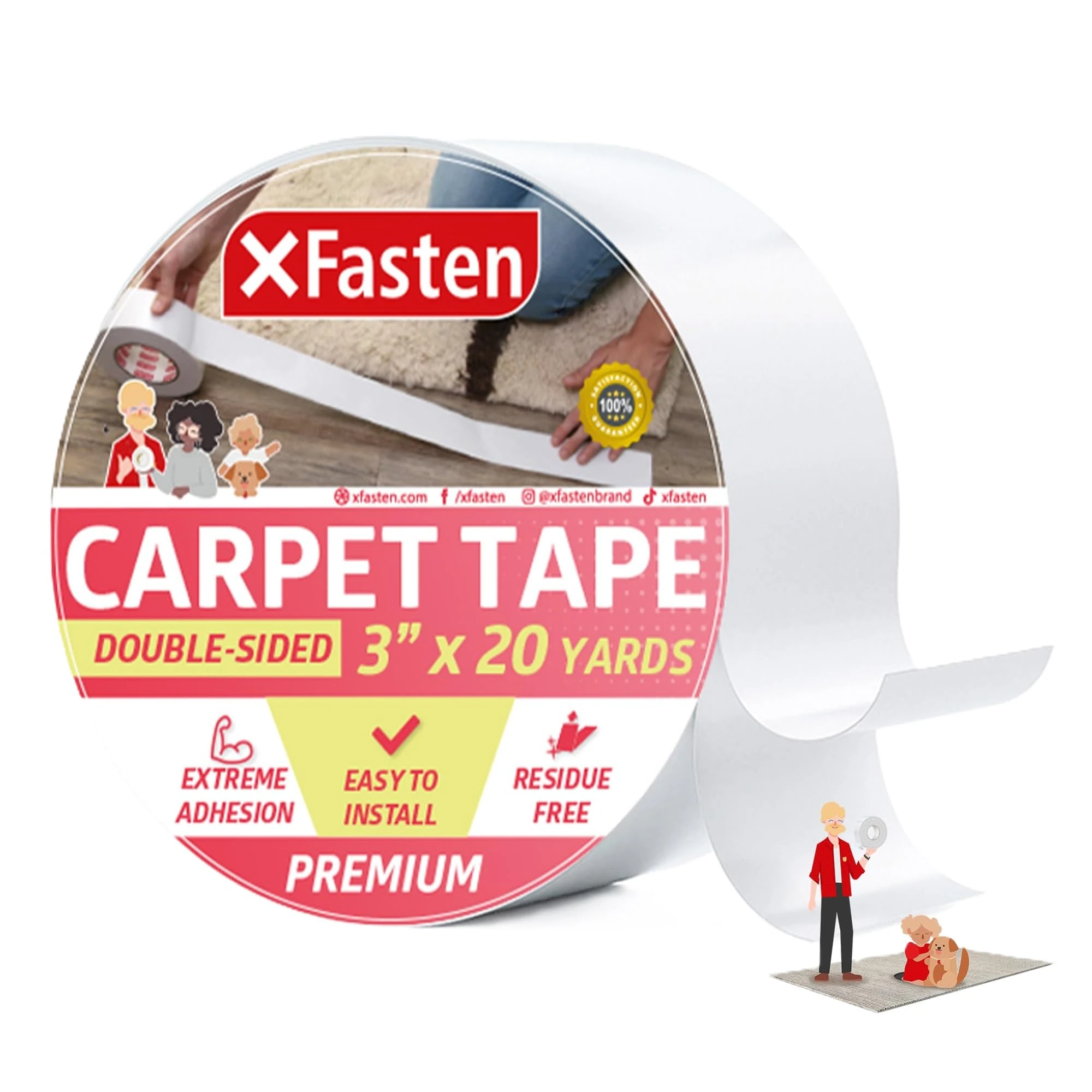 XFasten Double Sided Carpet Tape, Removable, 3 Inches x 20 Yards